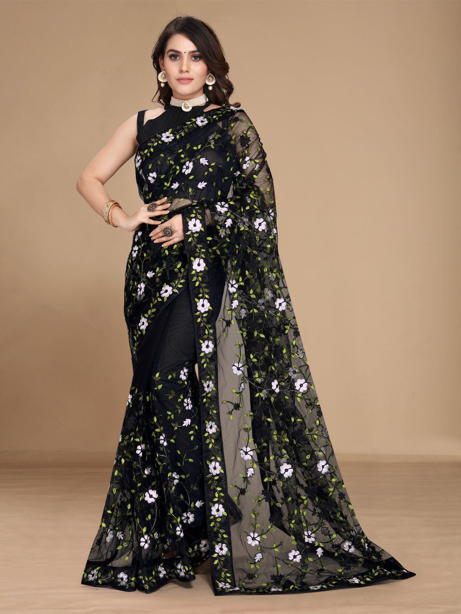 soft net floral embroidered saree black with unstitched blouse