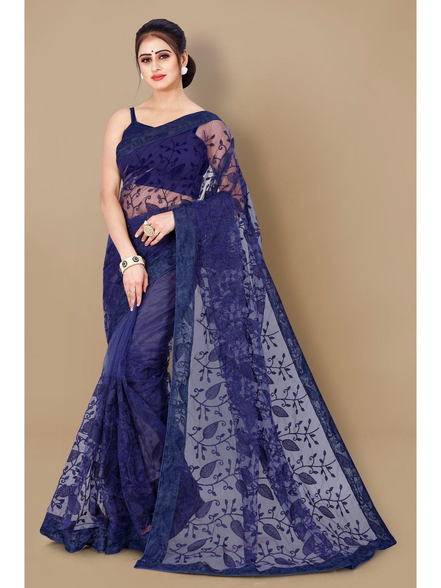 soft net floral embroidered saree navy blue with unstitched blouse