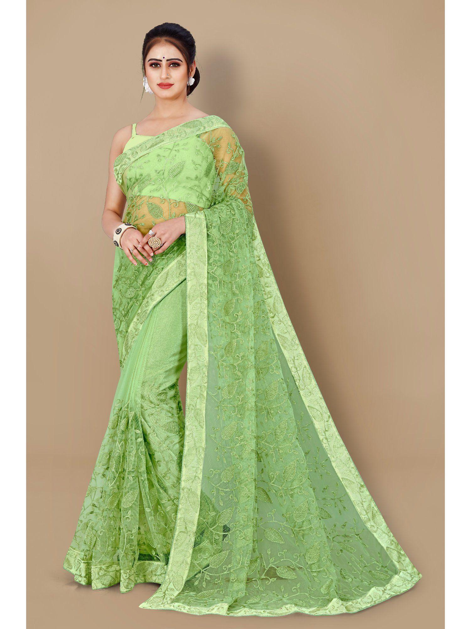 soft net floral embroidered saree olive with unstitched blouse