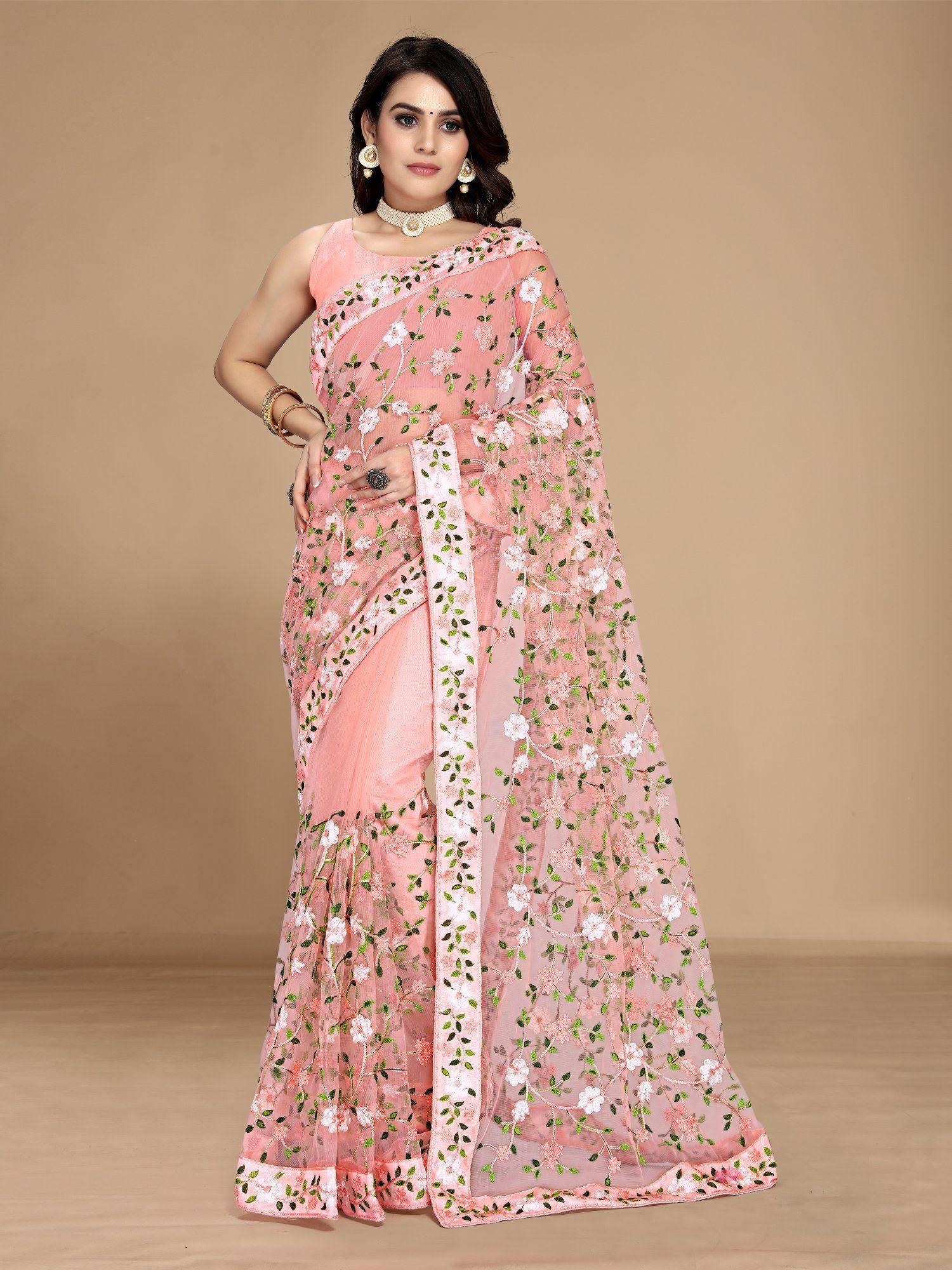 soft net floral embroidered saree peach with unstitched blouse