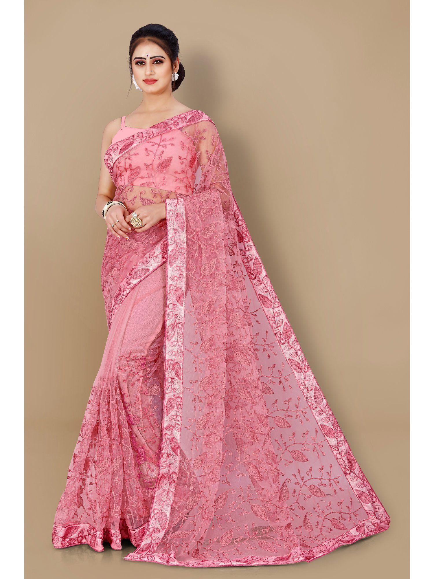 soft net floral embroidered saree peach with unstitched blouse