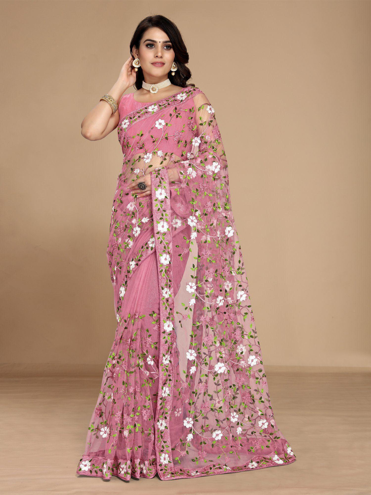 soft net floral embroidered saree pink with unstitched blouse