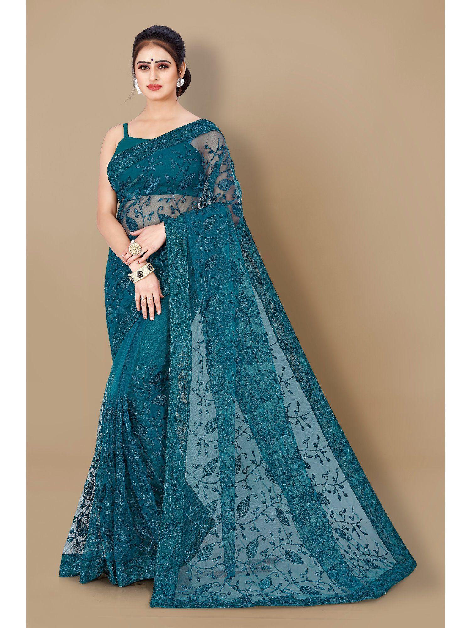 soft net floral embroidered saree teal with unstitched blouse