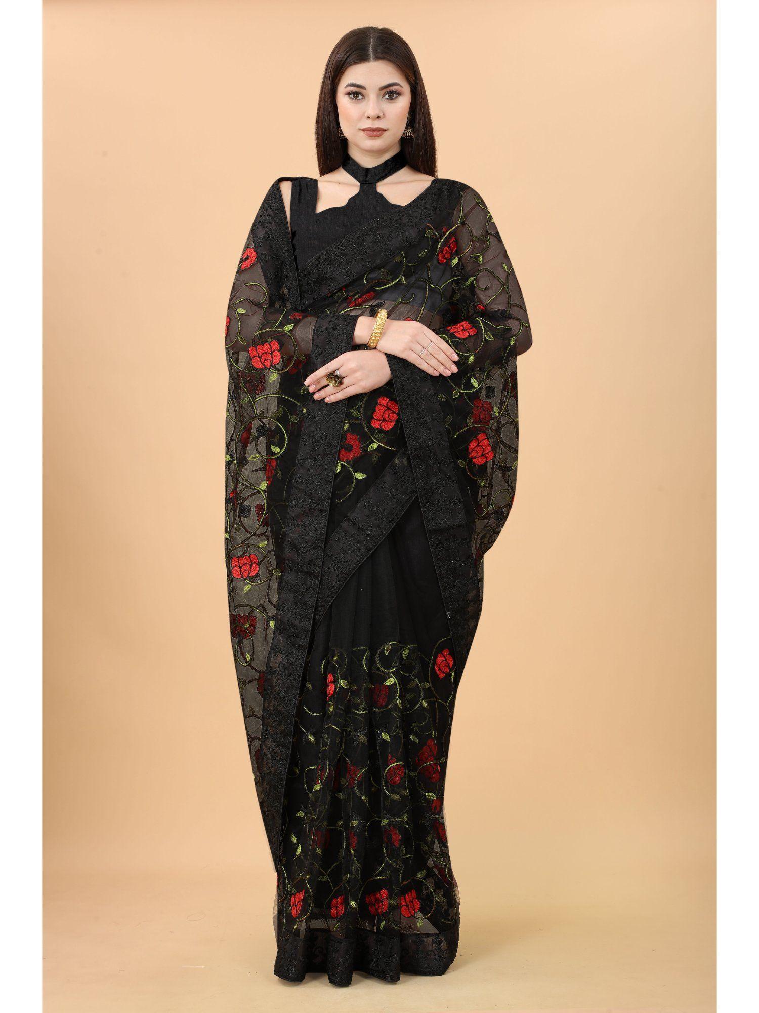 soft net floral embroidered saree with embroidered border silk black with unstitched blouse