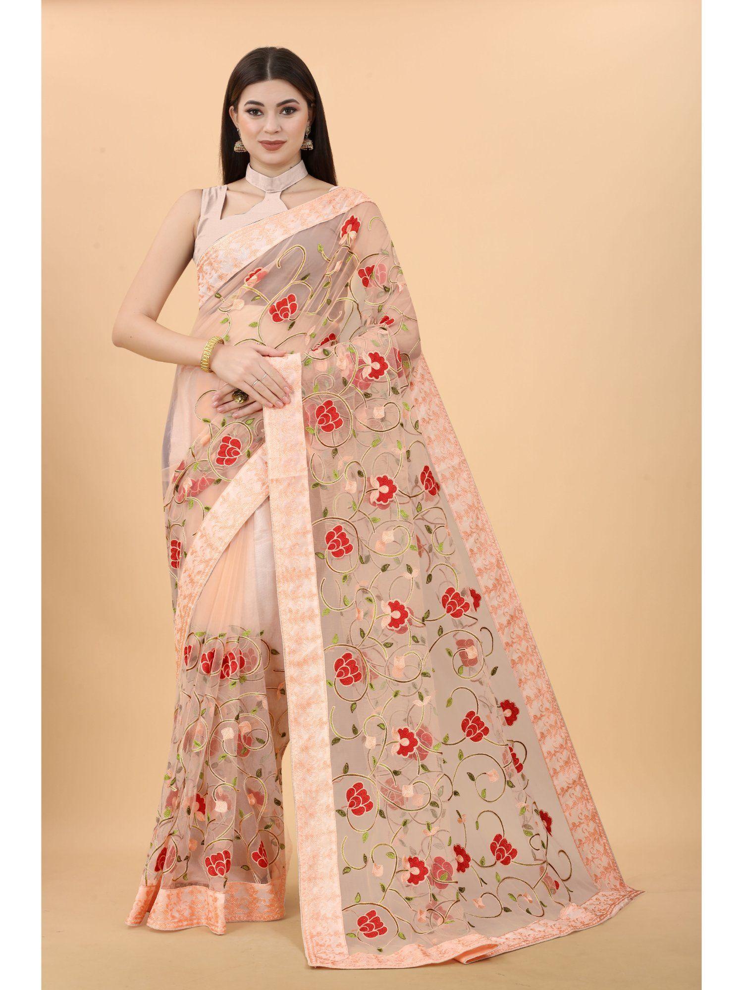 soft net floral embroidered saree with embroidered border silk peach with unstitched blouse