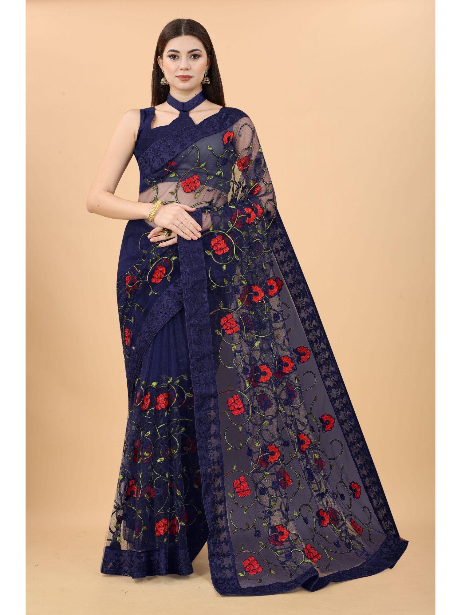 soft net floral saree with embroidered border navy blue with unstitched blouse