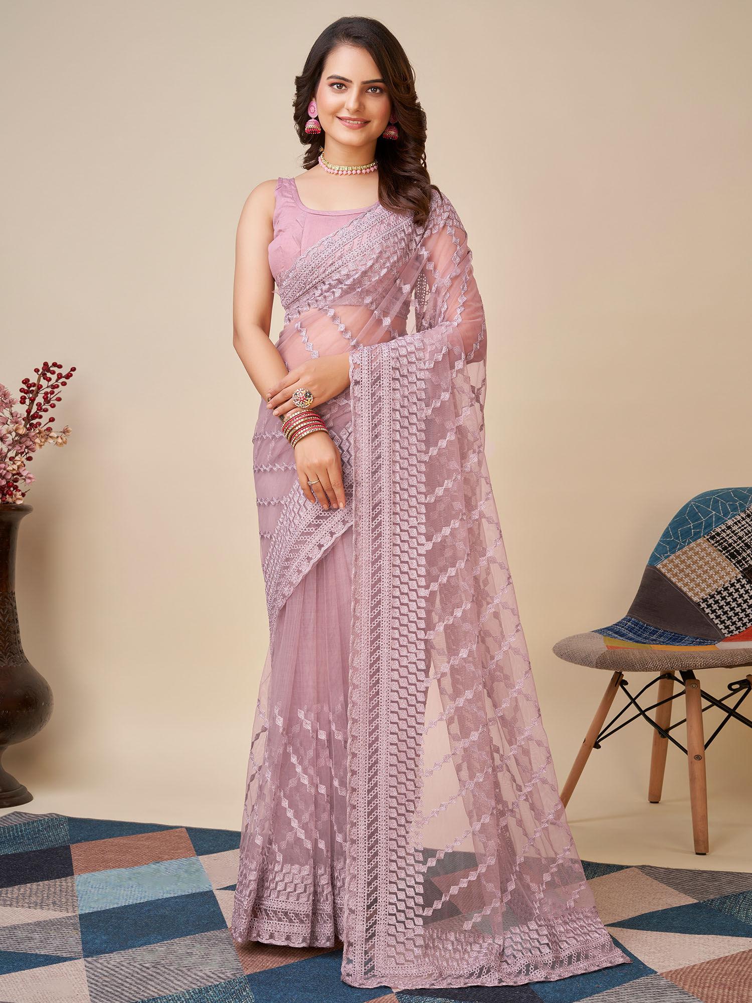 soft net lavender saree embroidery work mono banglory with unstitched blouse