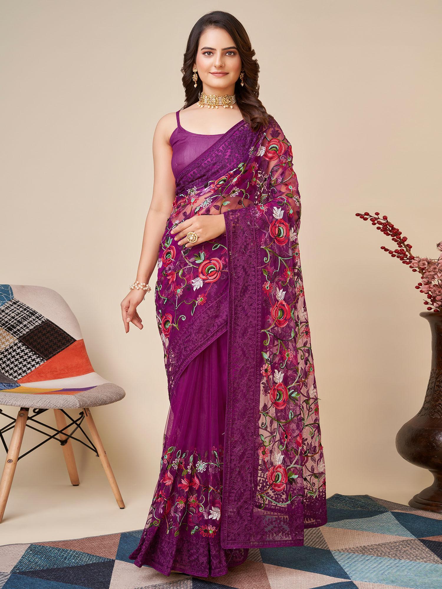 soft net purple saree embroidery work mono banglory with unstitched blouse