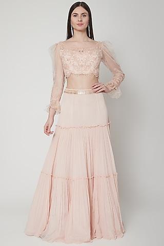 soft peach embroidered crop top with lehenga