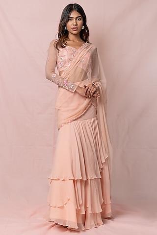 soft peach hand embroidered pre-draped saree set