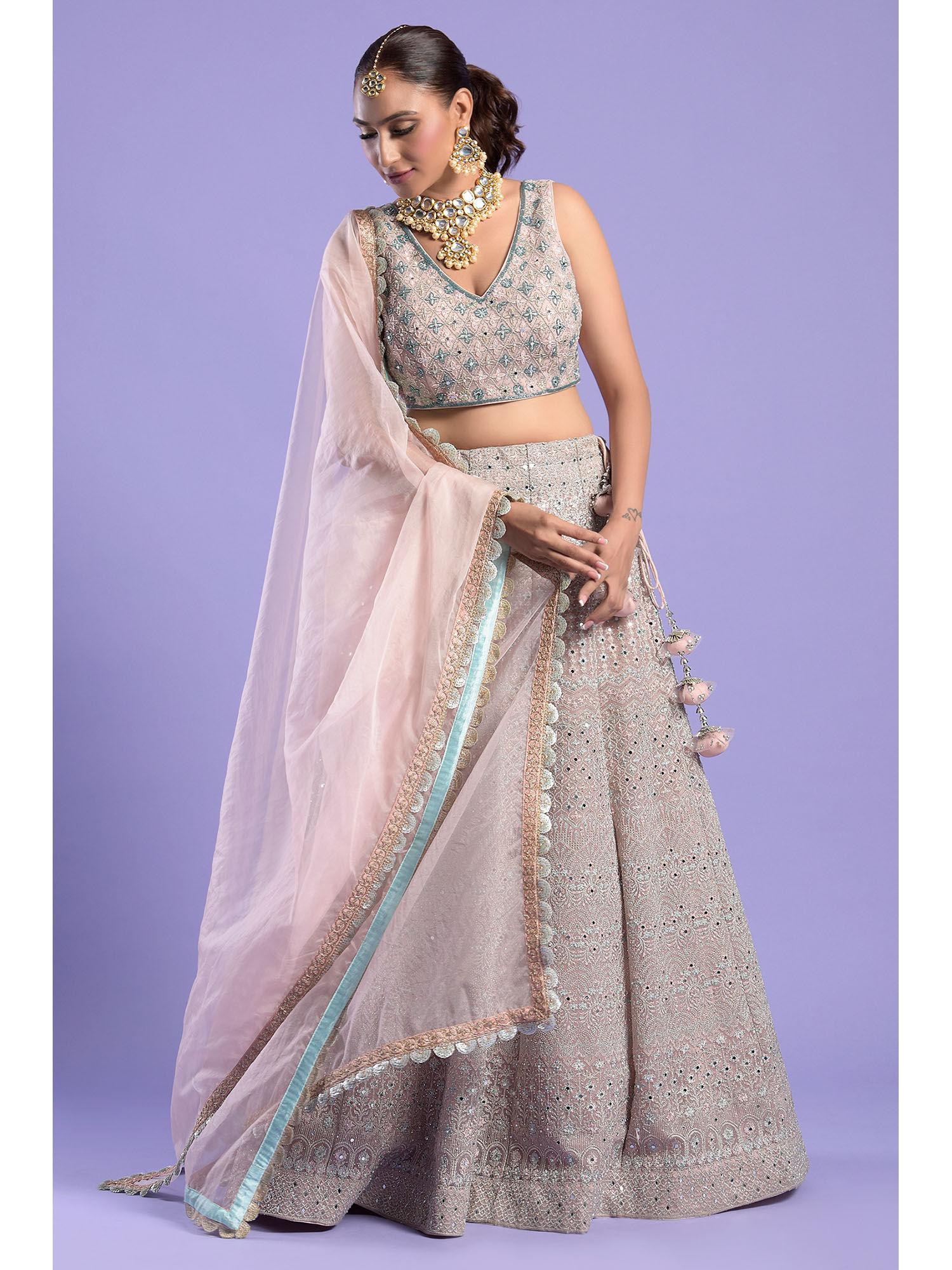 soft pink & blue embellished blouse & lehenga with dupatta (set of 3)