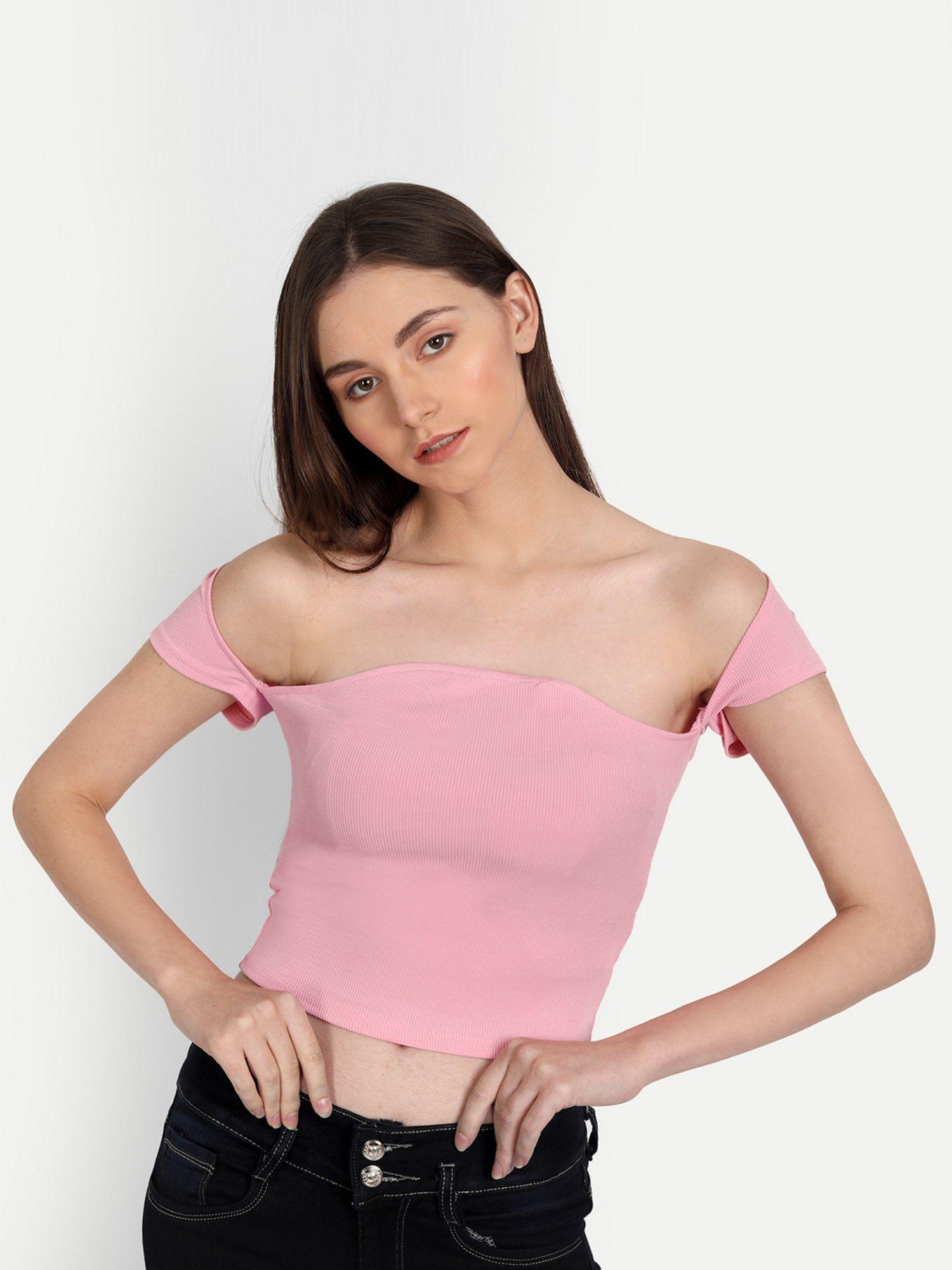 soft pink asymmetric neckline rib crop top