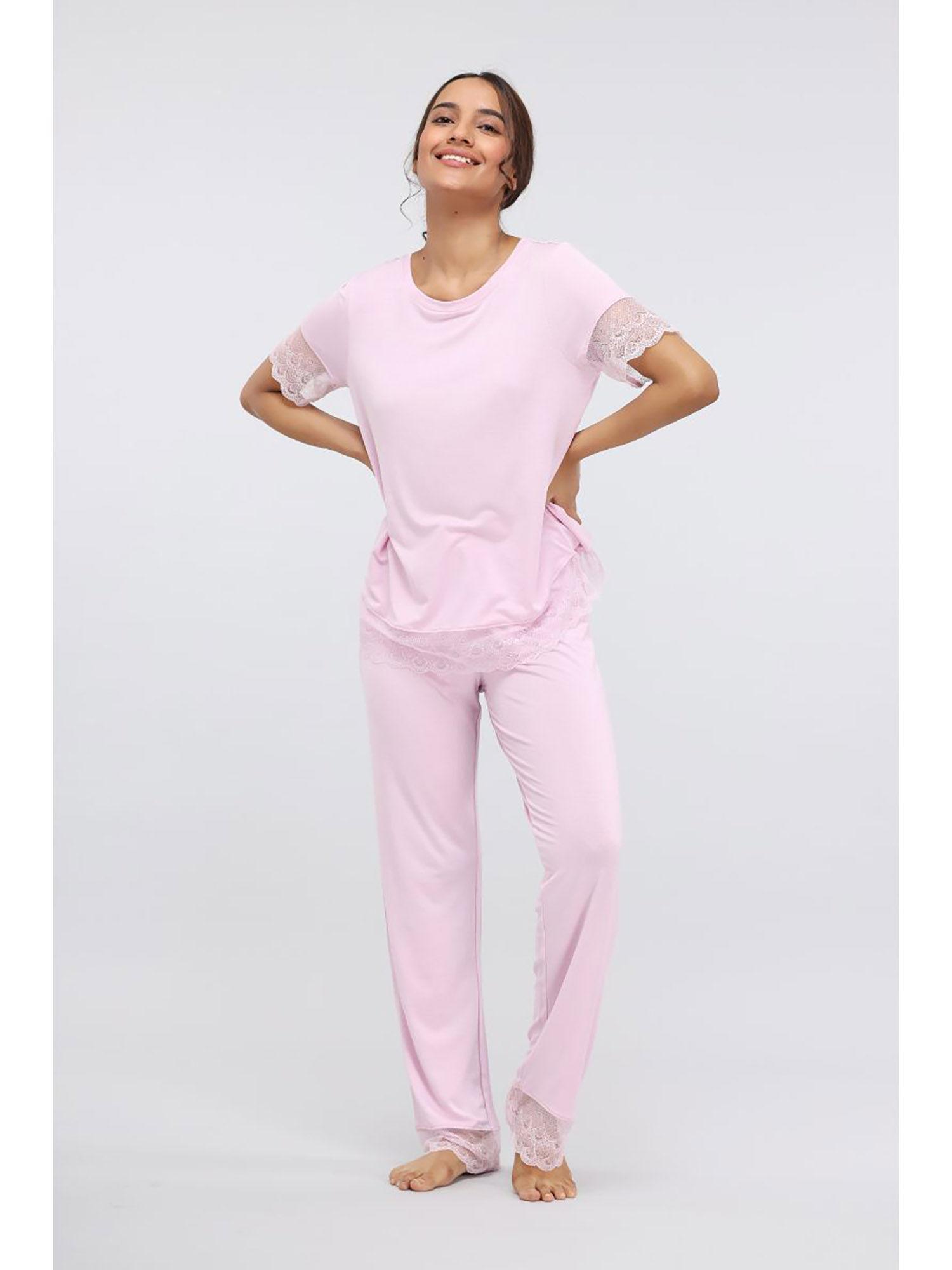 soft pink lace modal pajama (set of 2)