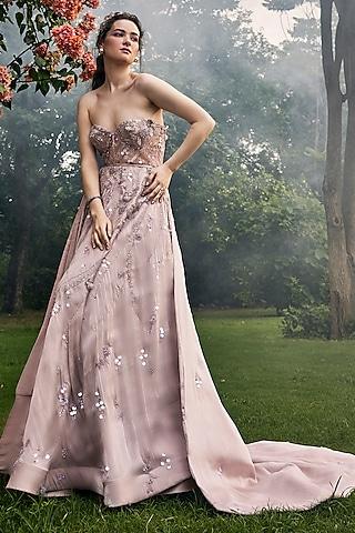 soft pink satin organza embellished gown