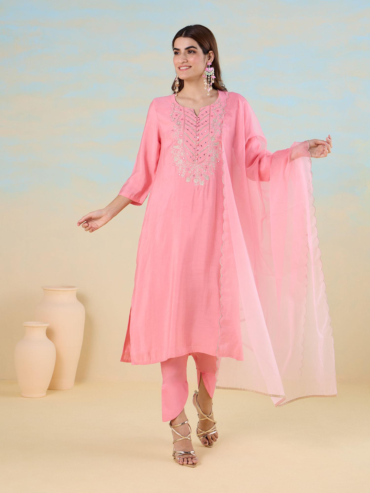 soft pink smooth art silk embroidered pakistani straight kurta with pant & dupatta likedskd02