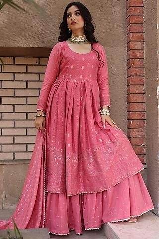 soft pink woven floral motif anarkali set