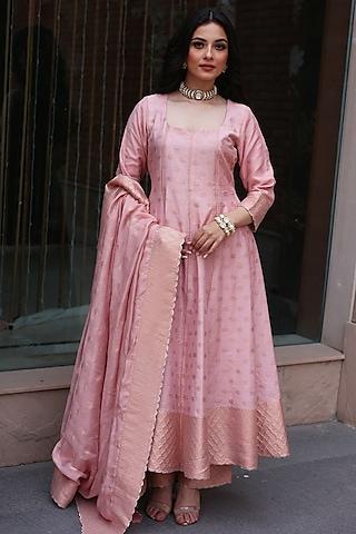 soft pink woven motif scalloped anarkali set