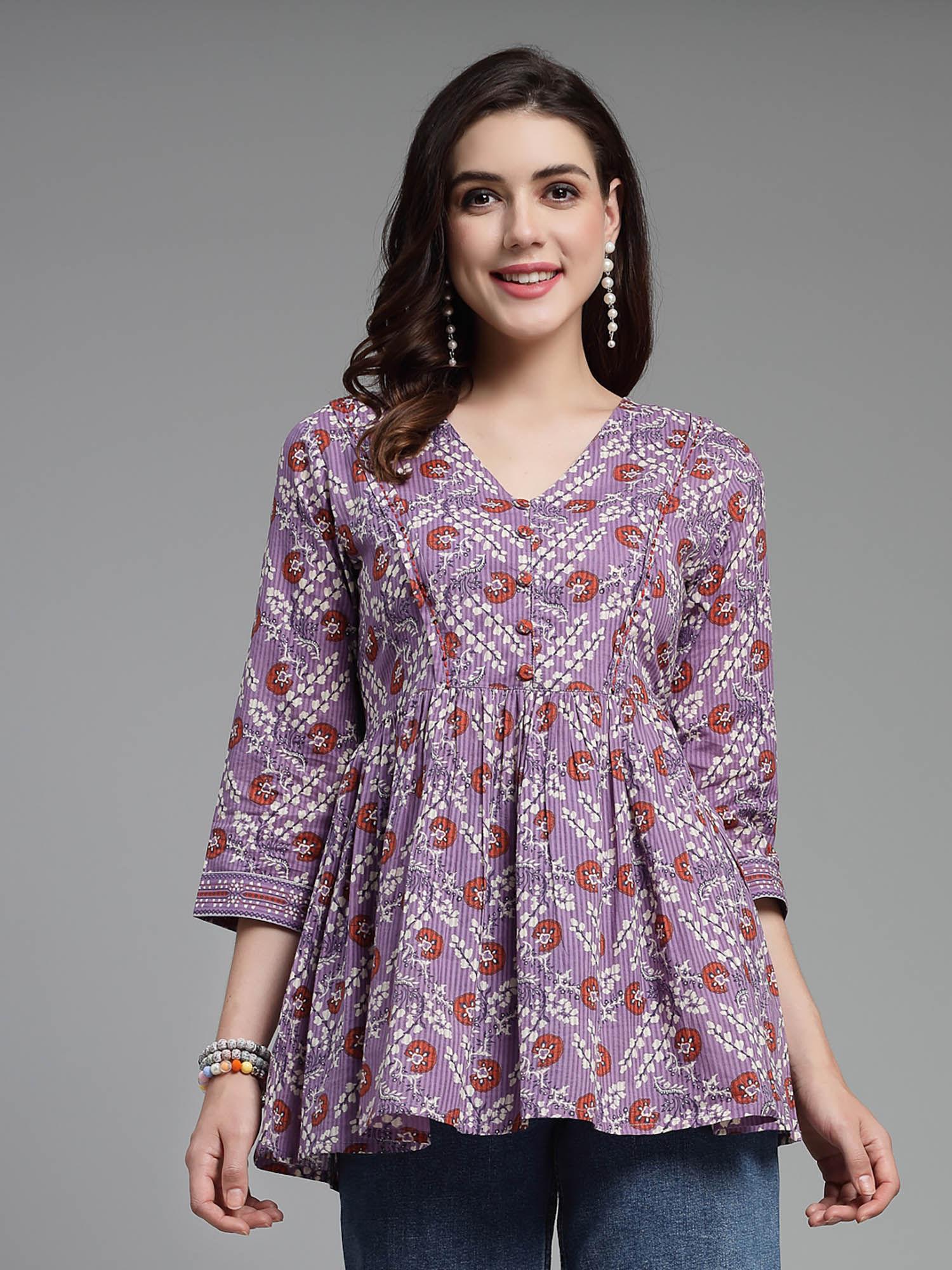 soft purple floral printed top with gathers