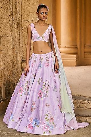 soft purple velvet printed lehenga set