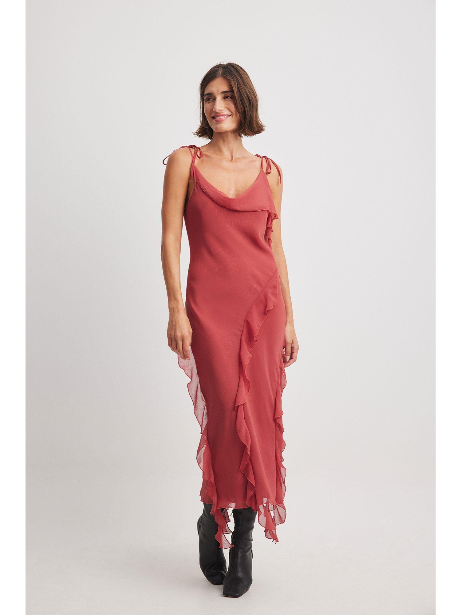 soft red ruffle chiffon tie detail midi dress