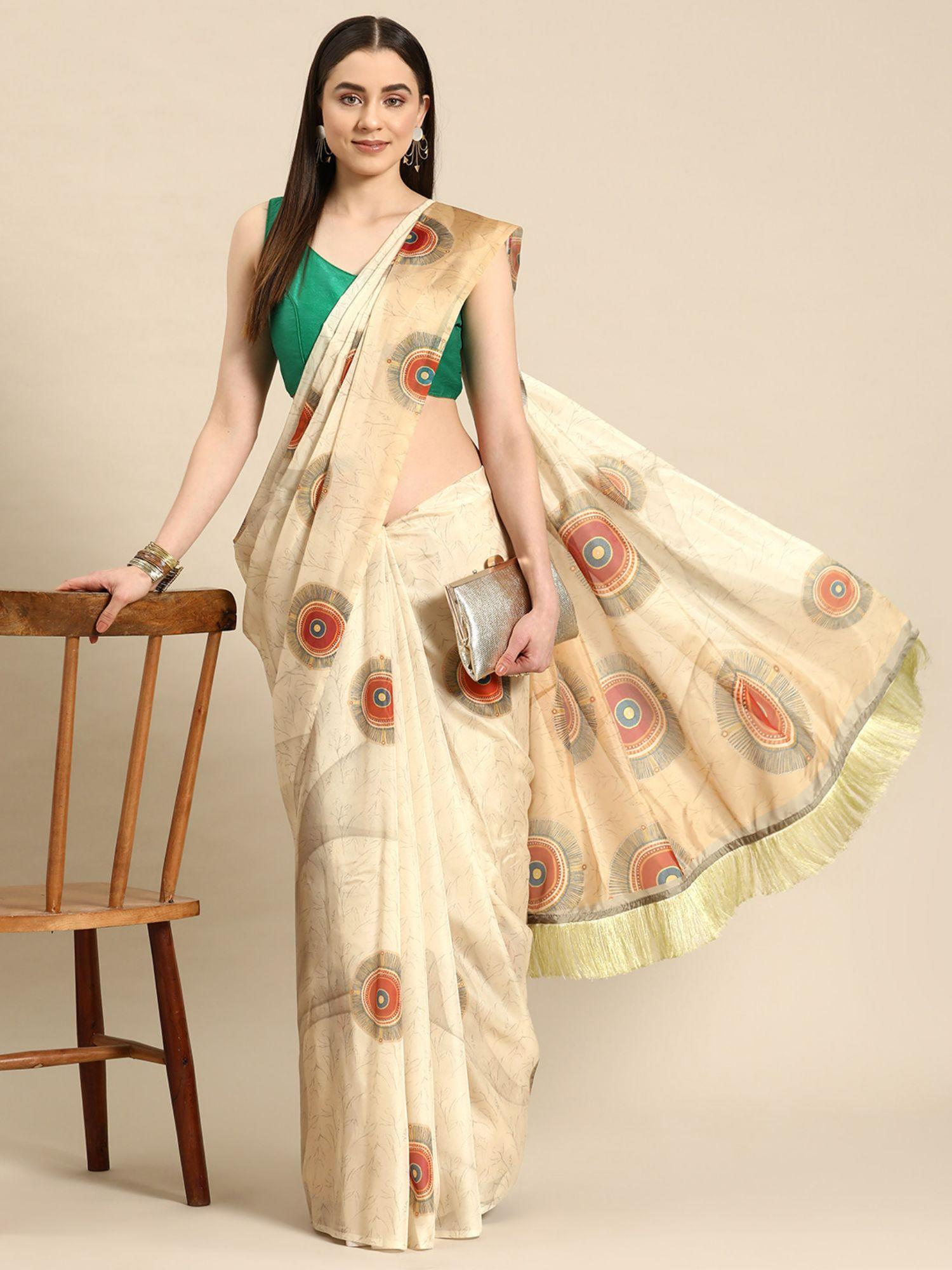 soft silk digital printed saree with unstitched blouse with fringe tassels