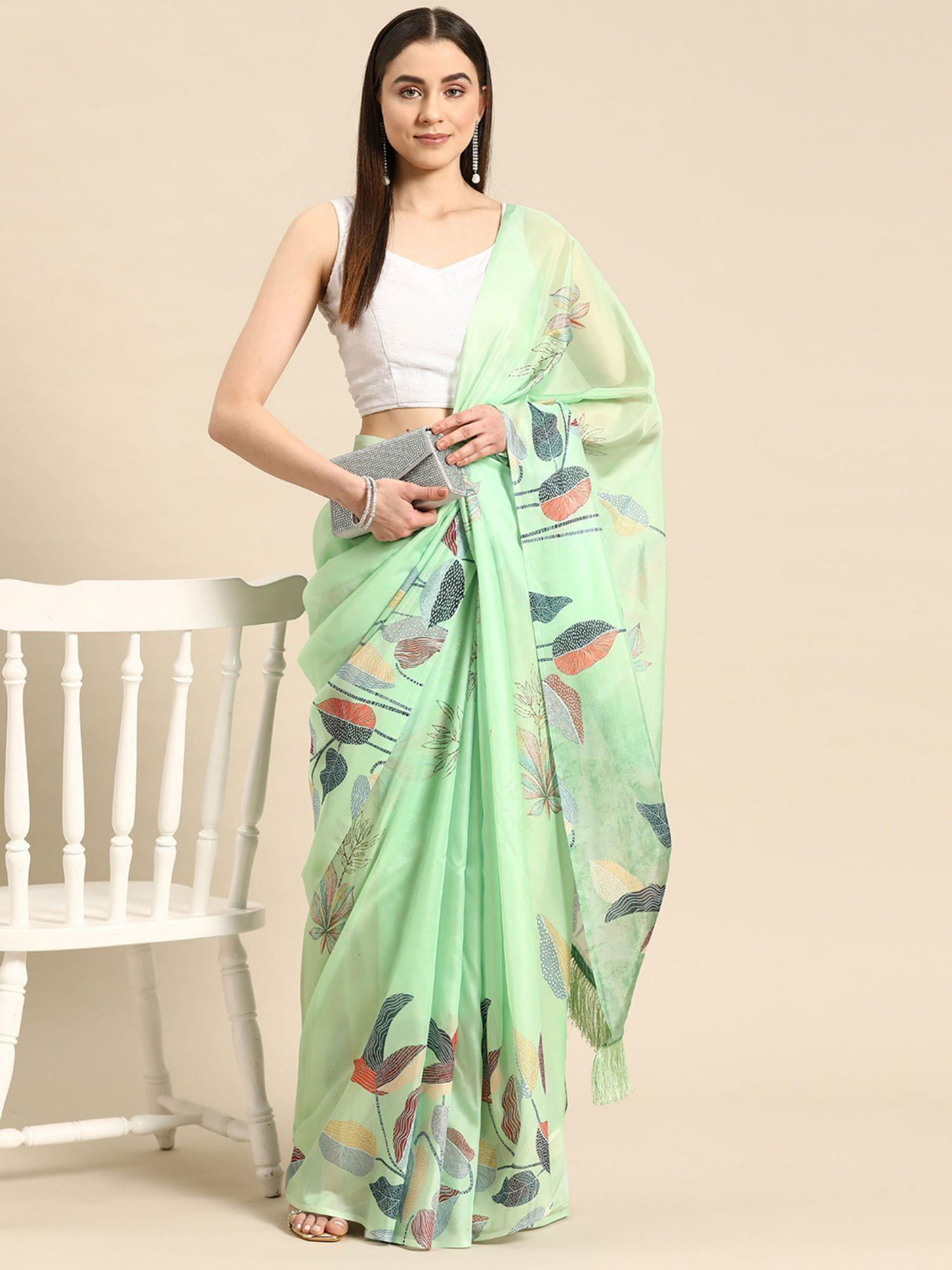 soft silk digital printed saree with unstitched blouse with fringe tassels