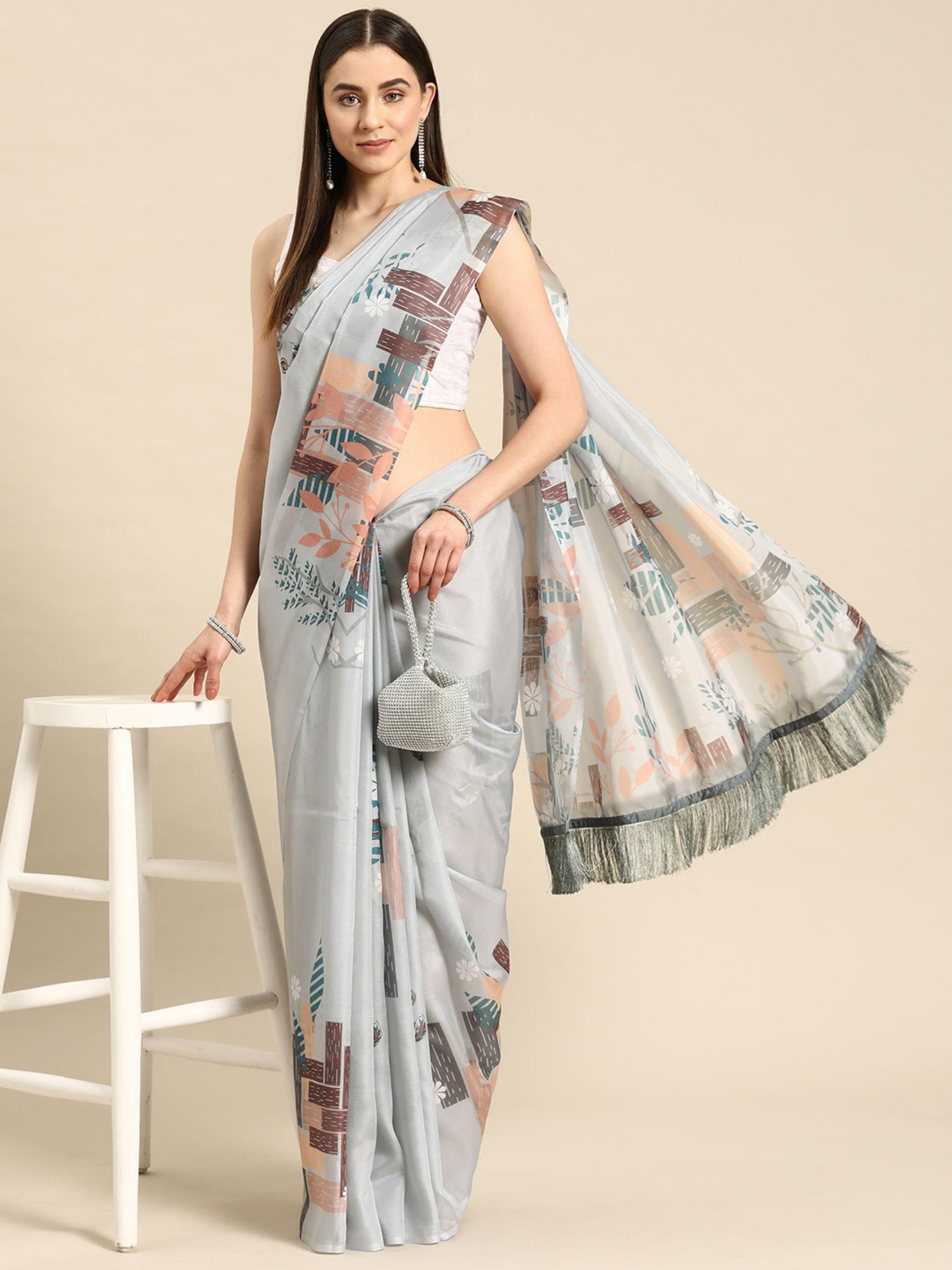 soft silk digital printed saree with unstitched blouse with fringe tassels