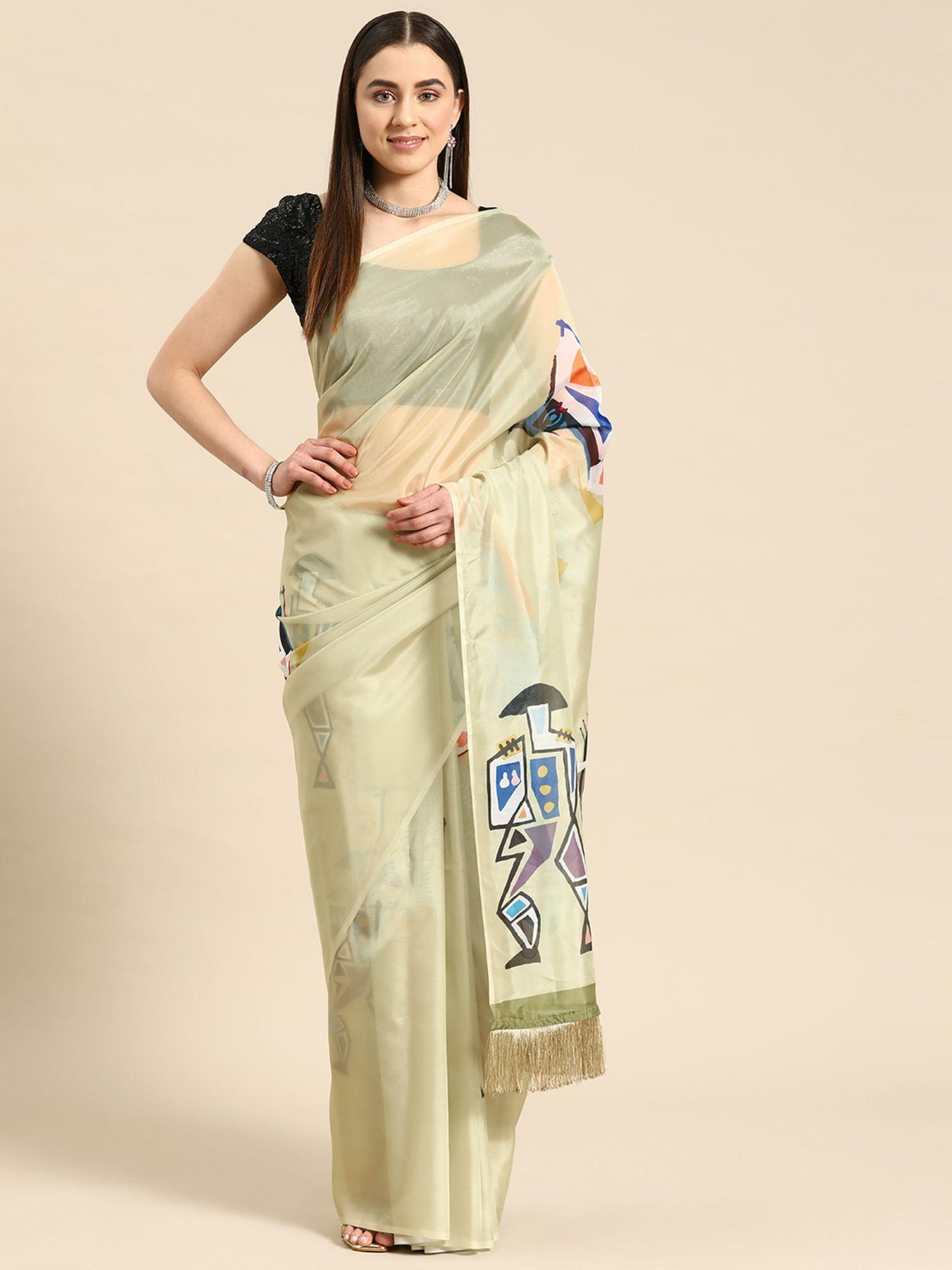 soft silk digital printed saree with unstitched blouse with fringe tassels