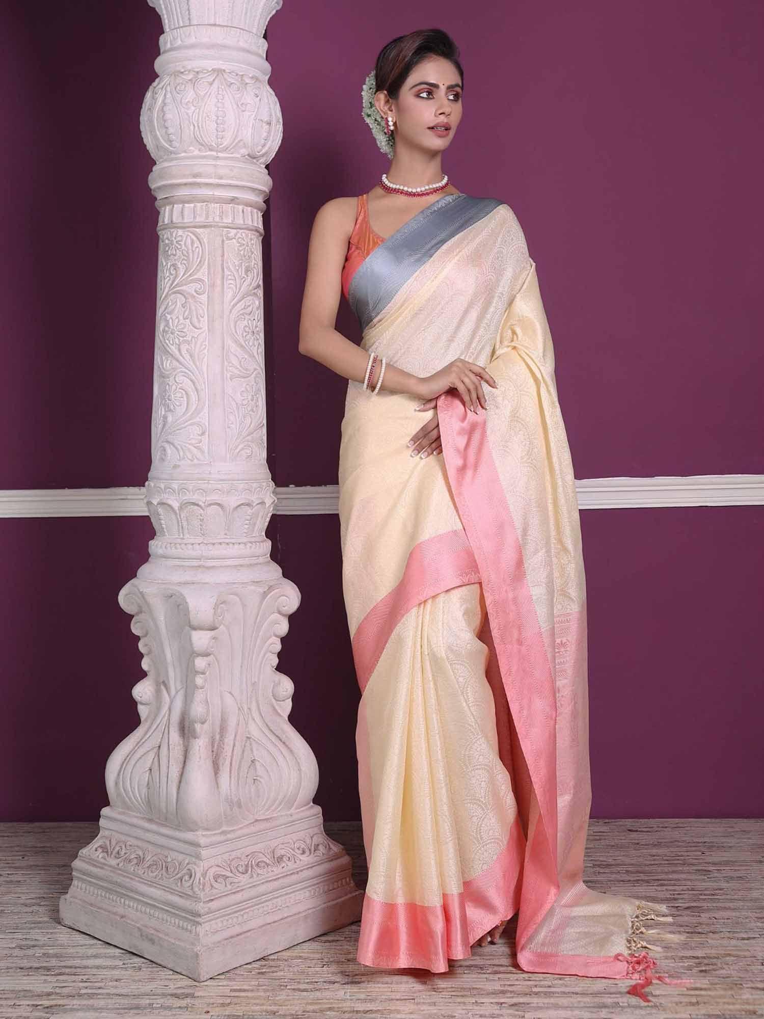 soft silk weaving saree with unstitched blouse - cream & pink