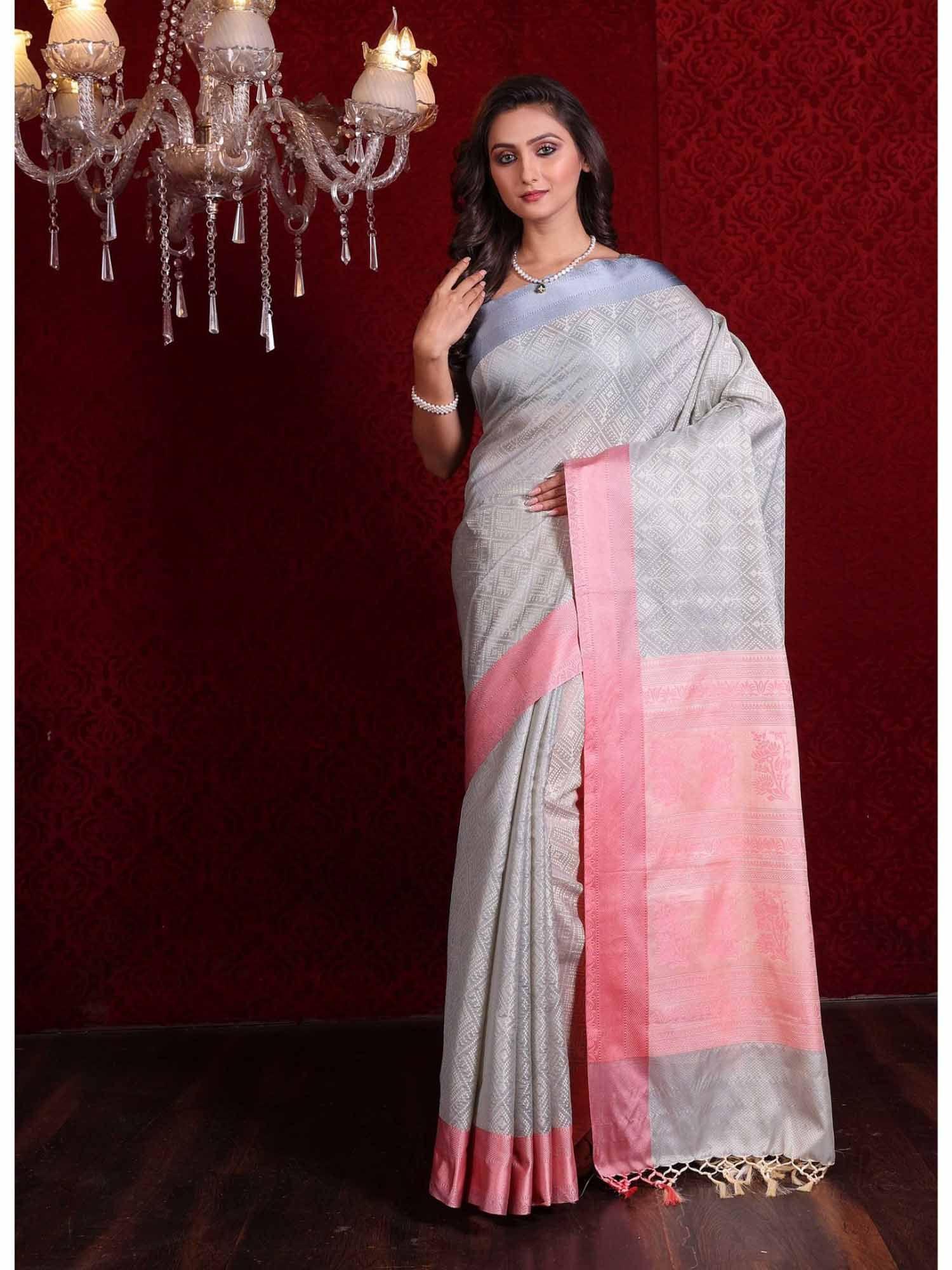 soft silk weaving saree with unstitched blouse - grey & baby pink