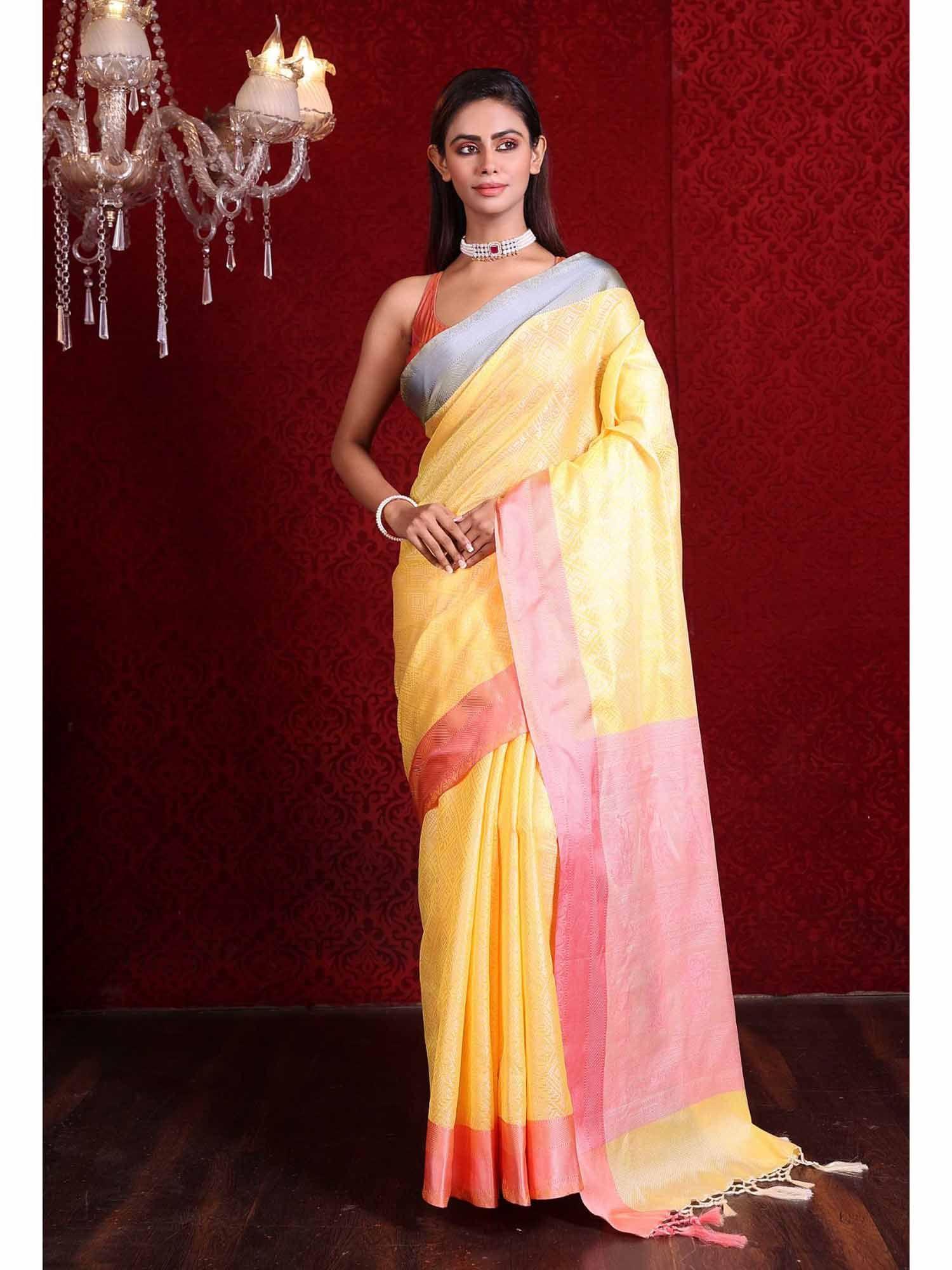 soft silk weaving saree with unstitched blouse - haldi yellow & pink