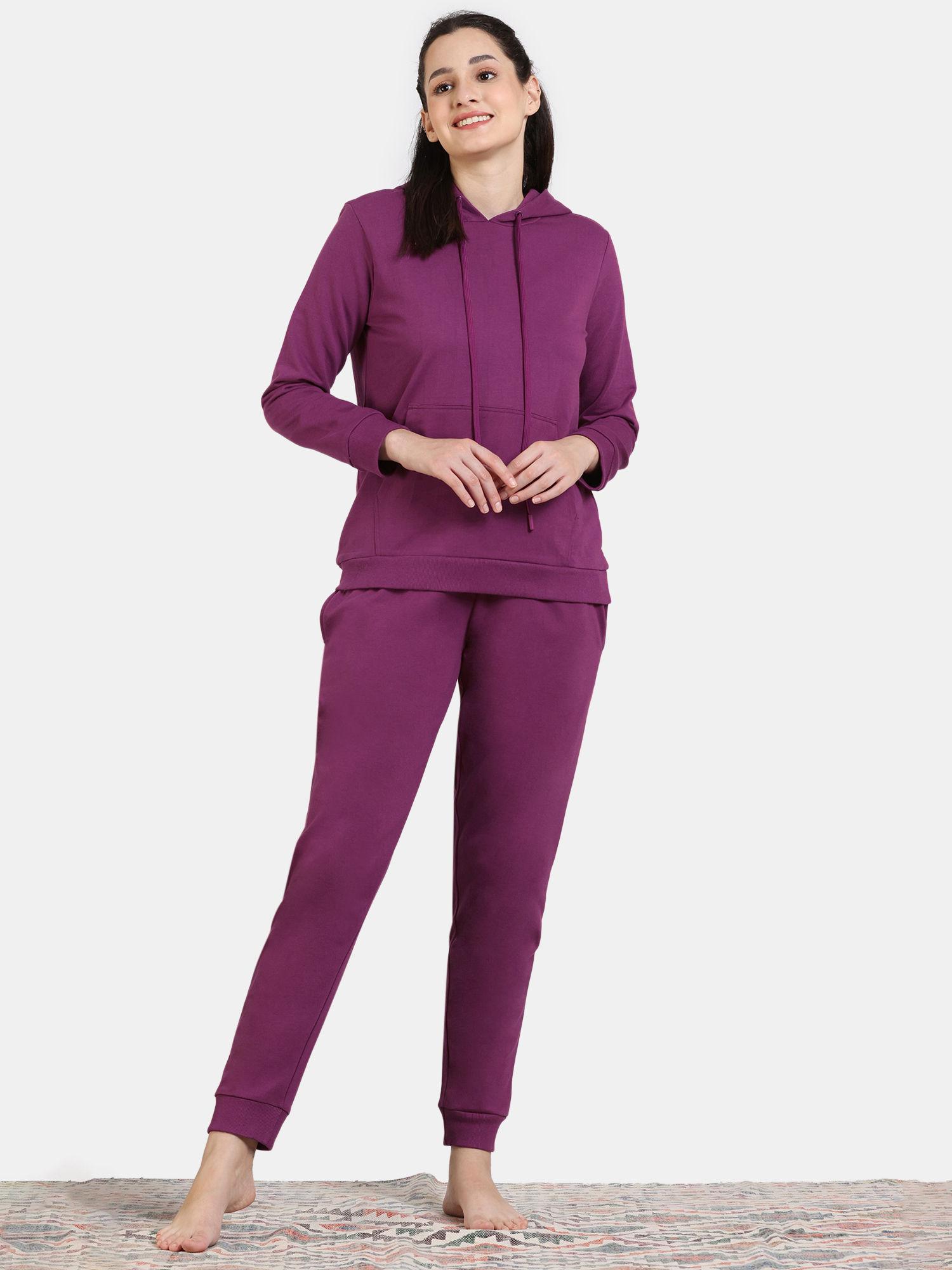 soft terry fabric knit cotton hoodie and pyjama - dark purple (set of 2)