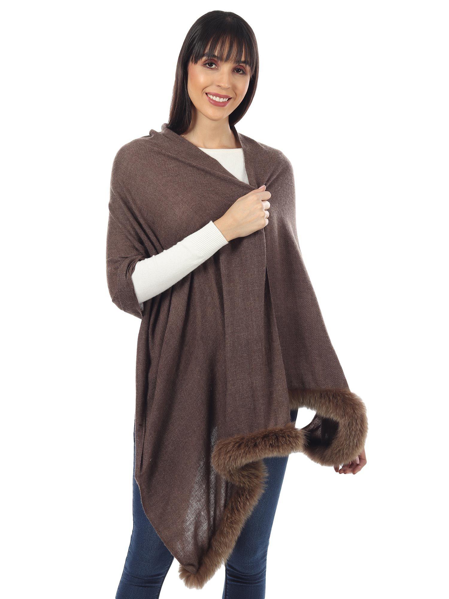 soft wool stole with 2 side faux fur -brown