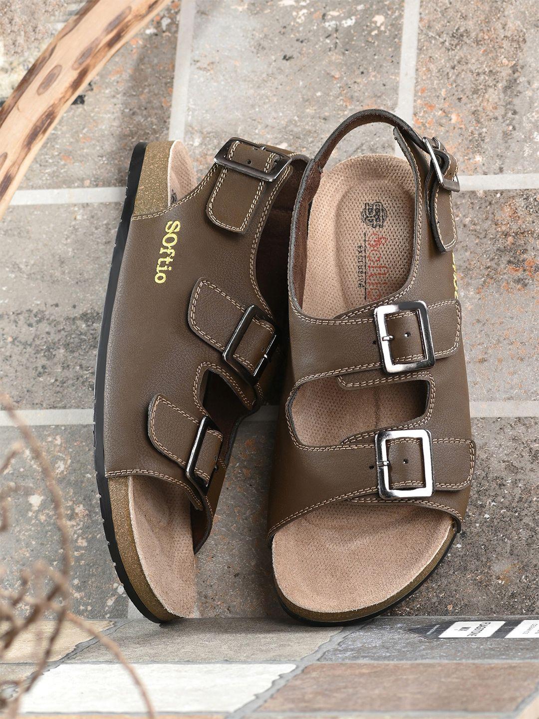 softio men brown & beige synthetic leather  slip on comfort sandals