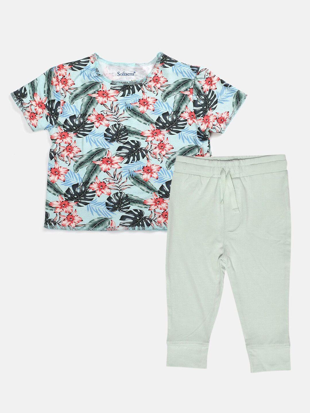 softsens boys sea green & red printed bamboo t-shirt with trousers