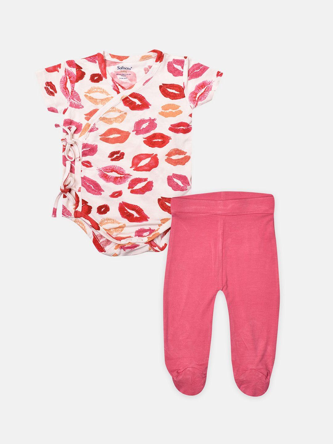 softsens kids pink & white printed top with leggings