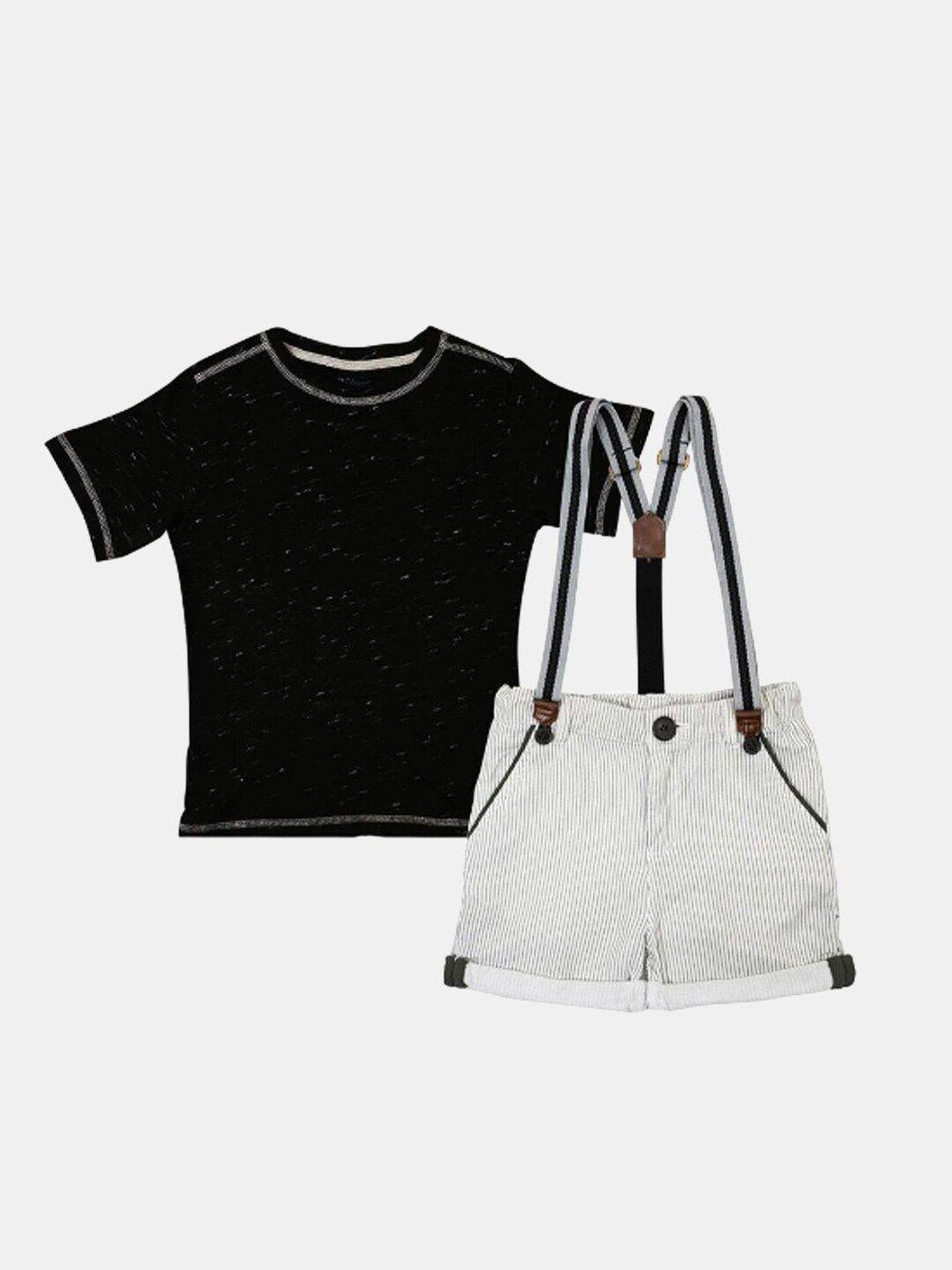 softsens unisex kids cotton black & white t-shirt & shorts clothing set with suspenders