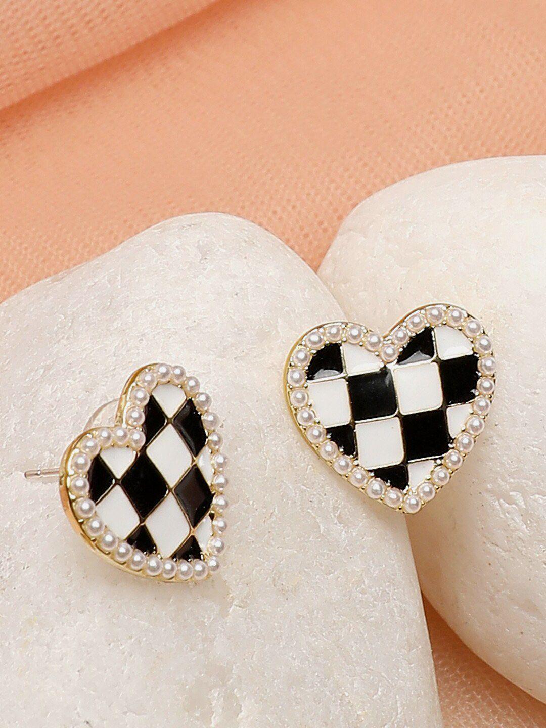sohi black & white heart shaped studs earrings