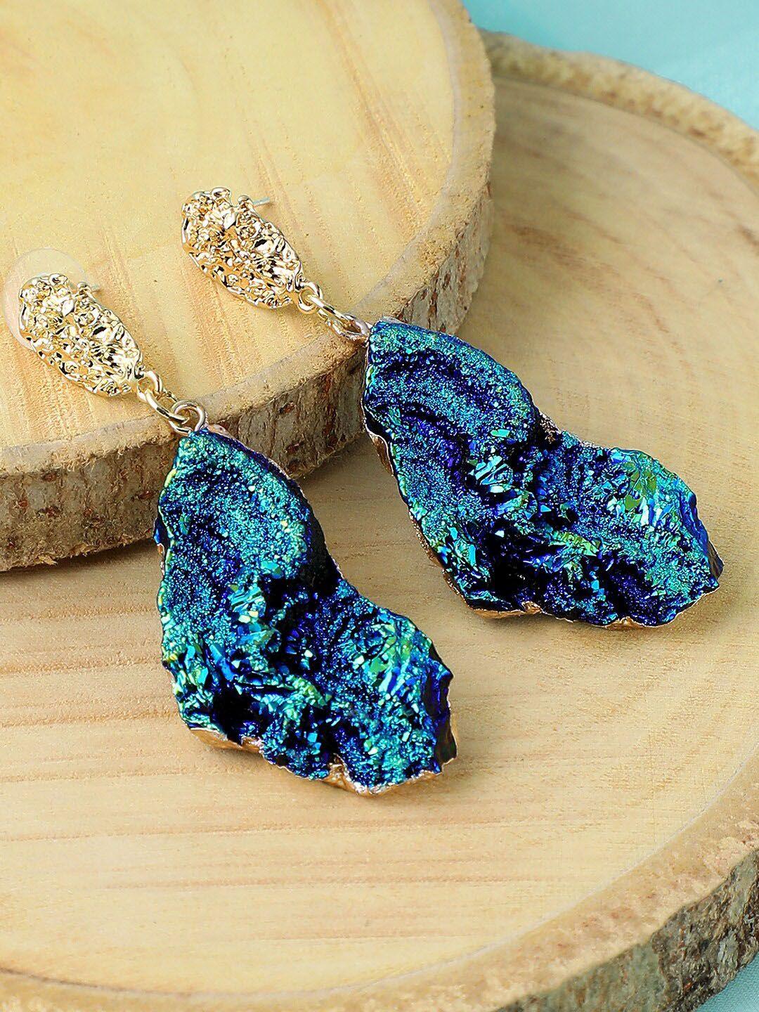 sohi blue & gold-plated contemporary drop earrings