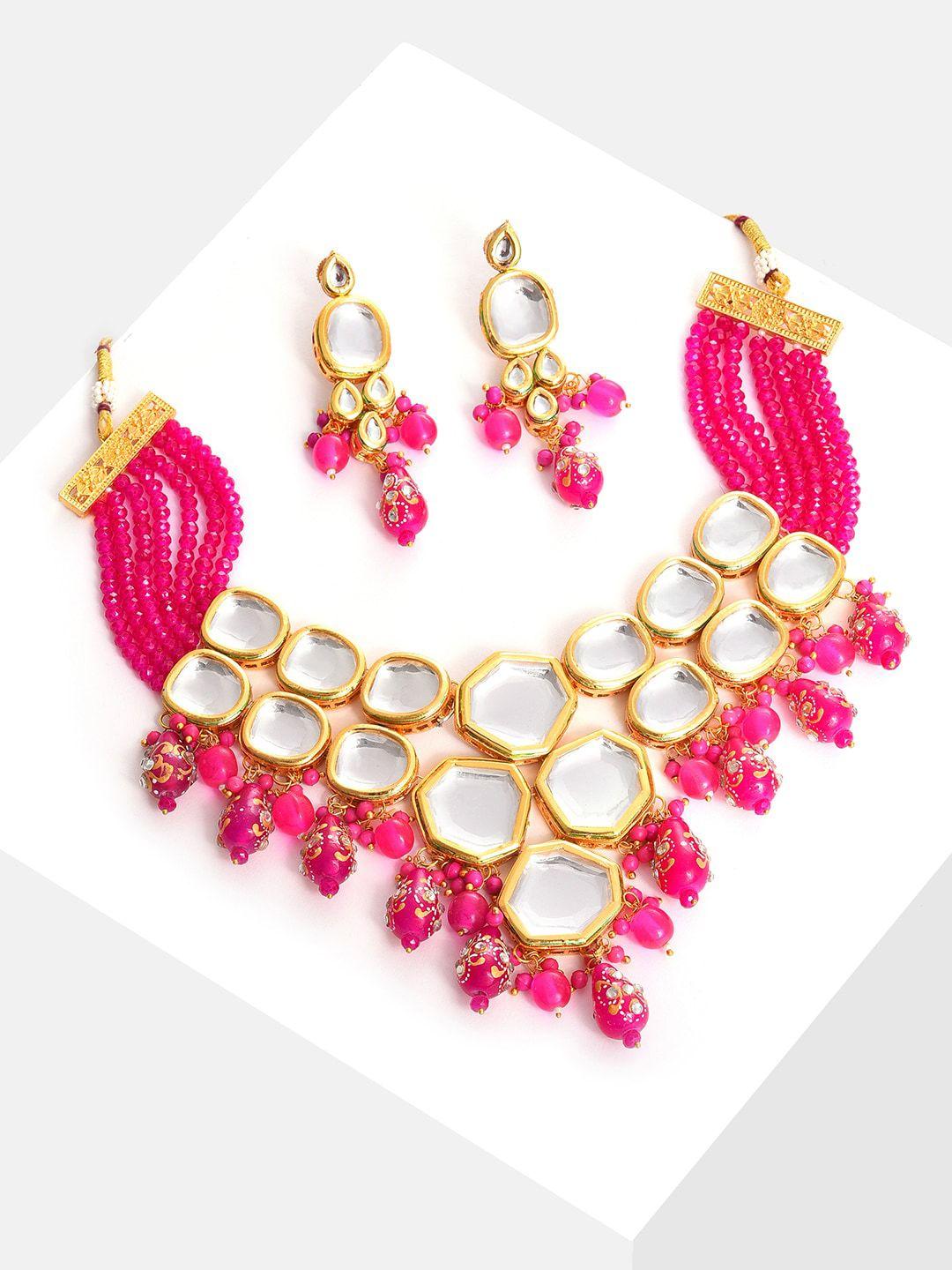 sohi gold plated pink beaded & kundan studded jewellery set