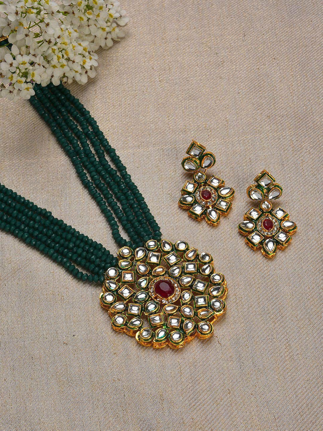sohi gold-plated stone-studded & beaded  necklace & earrings set