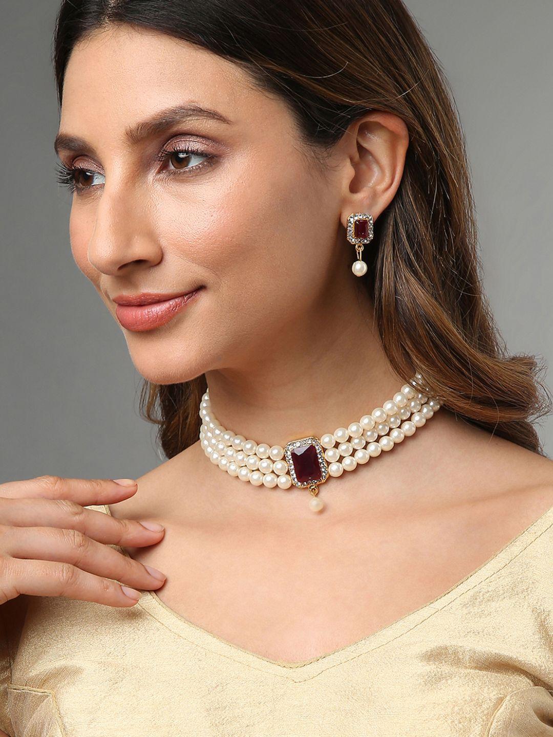 sohi maroon & gold-plated artificial stones & pearls studded jewellery set