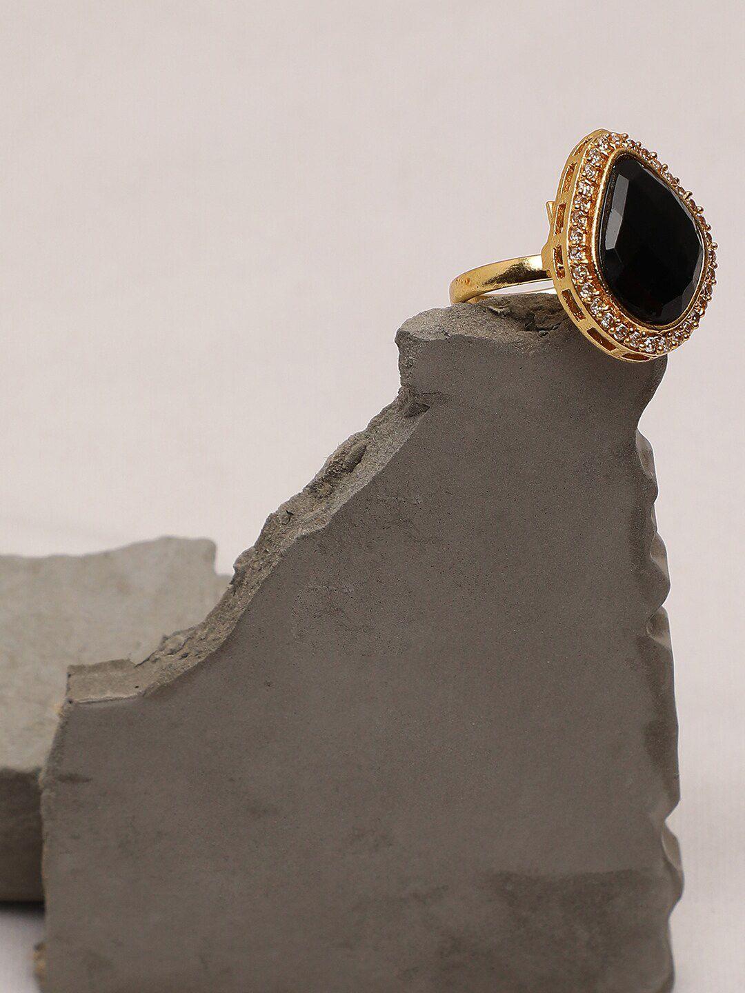 sohi women gold-plated black artificial stone adjustable finger ring