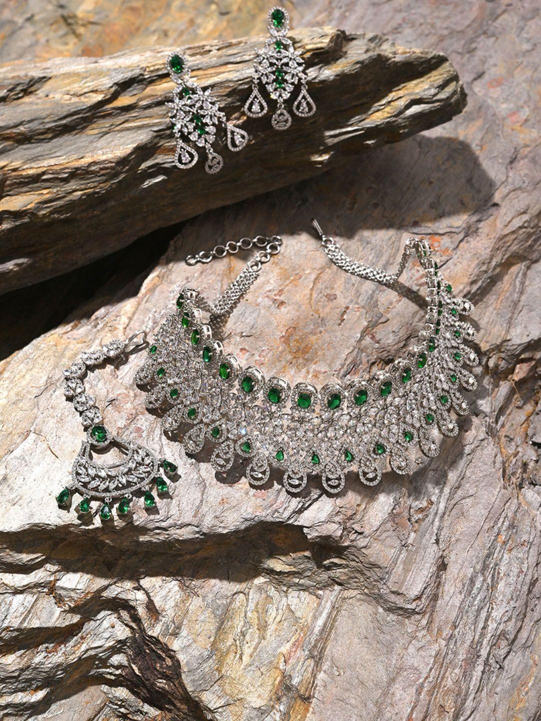 sohi women silver-plated green stone-studded jewellery set