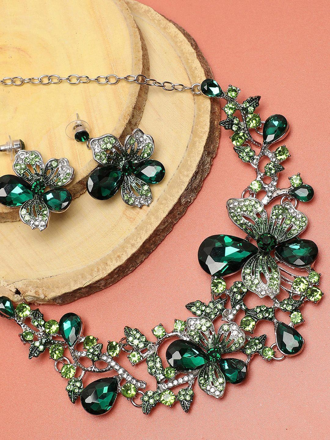 sohi women silver-plated green stone-studded jewellery set