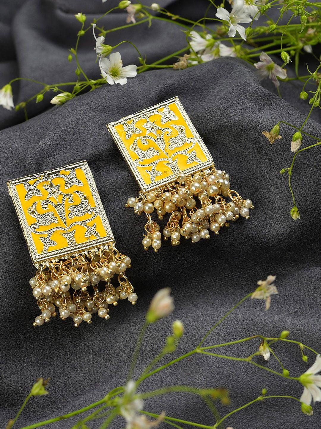 sohi yellow & gold plated contemporary meenakari drop earrings