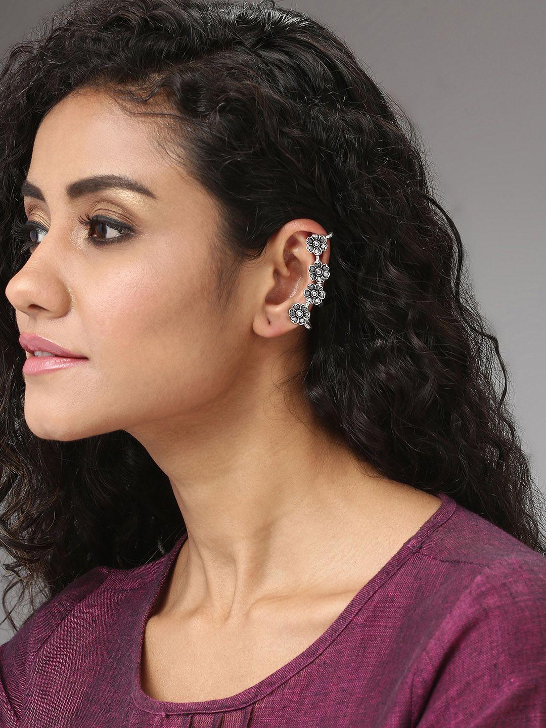 sohi black & silver-plated contemporary ear cuff earrings