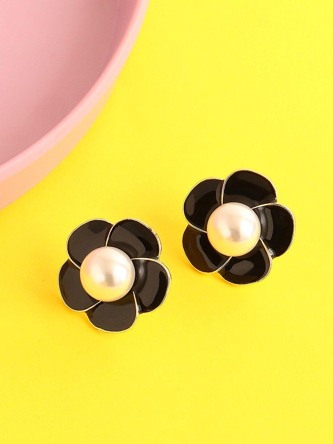 sohi black & white gold plated contemporary studs earrings