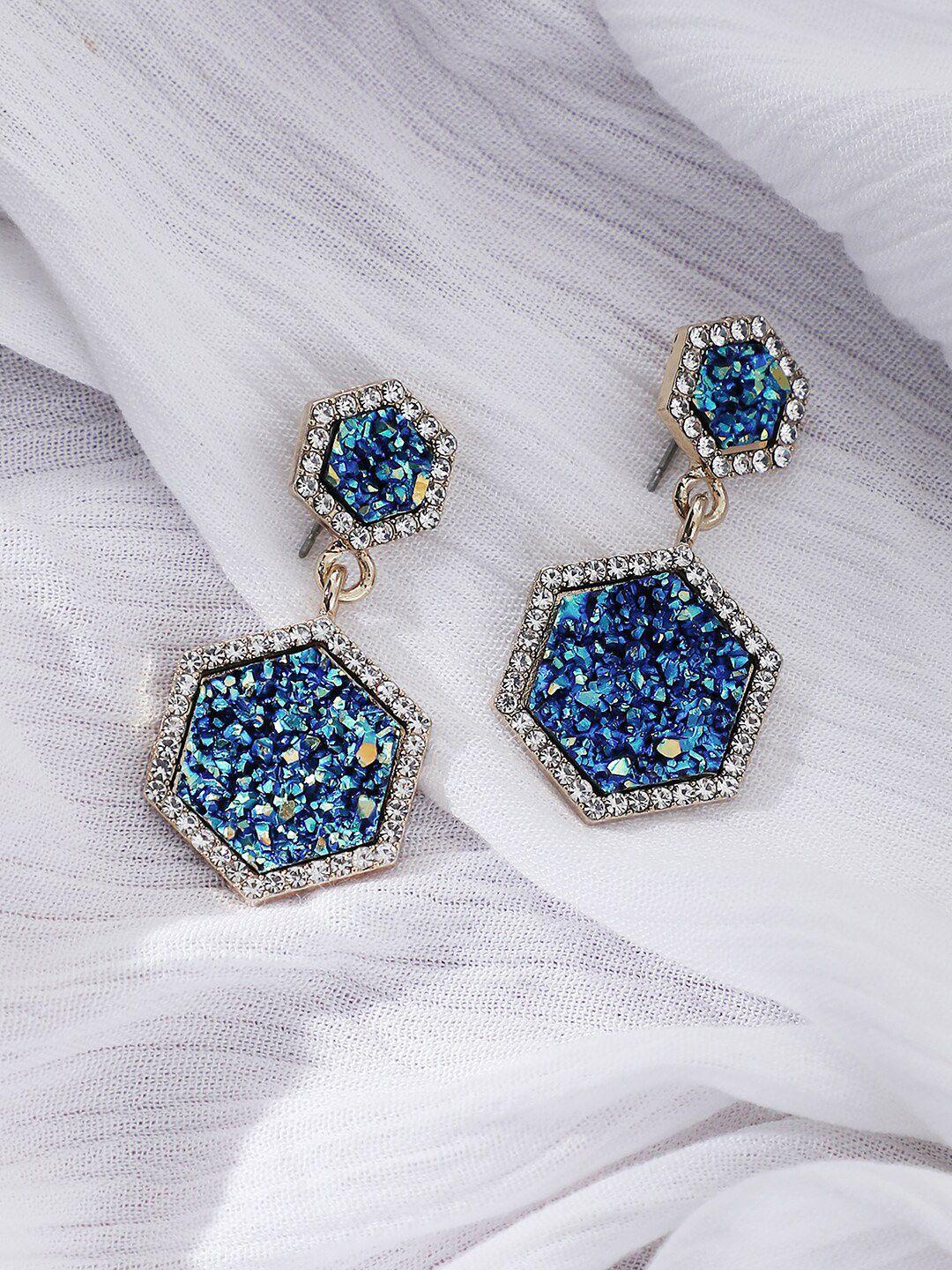 sohi blue & white gold plated contemporary drop earrings