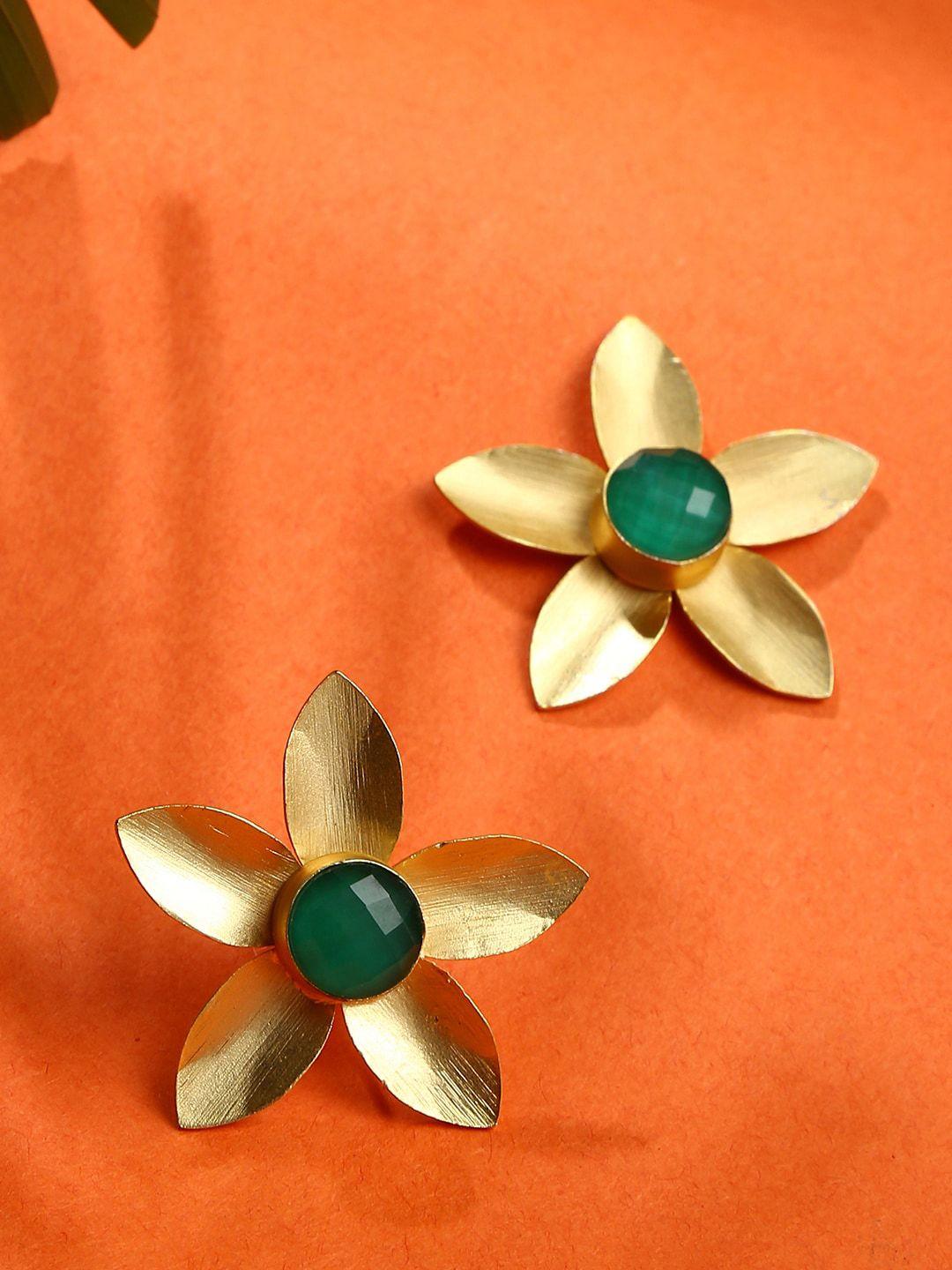 sohi gold-plated green stone-studded floral studs earrings